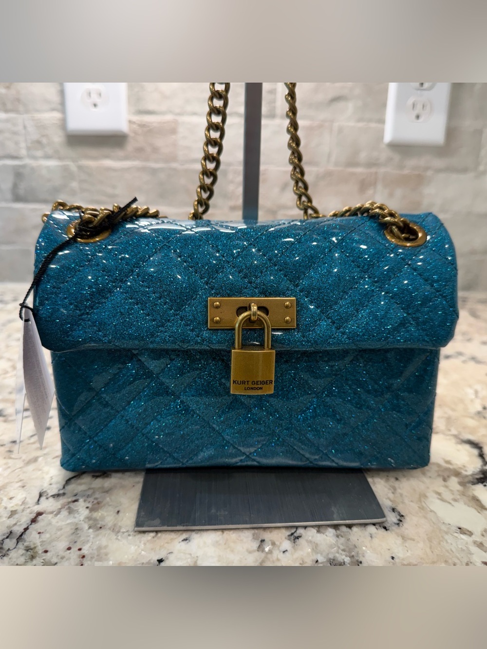 Kurt Geiger NWT Teal Glitter Quilted Crossbody “The Brixton”